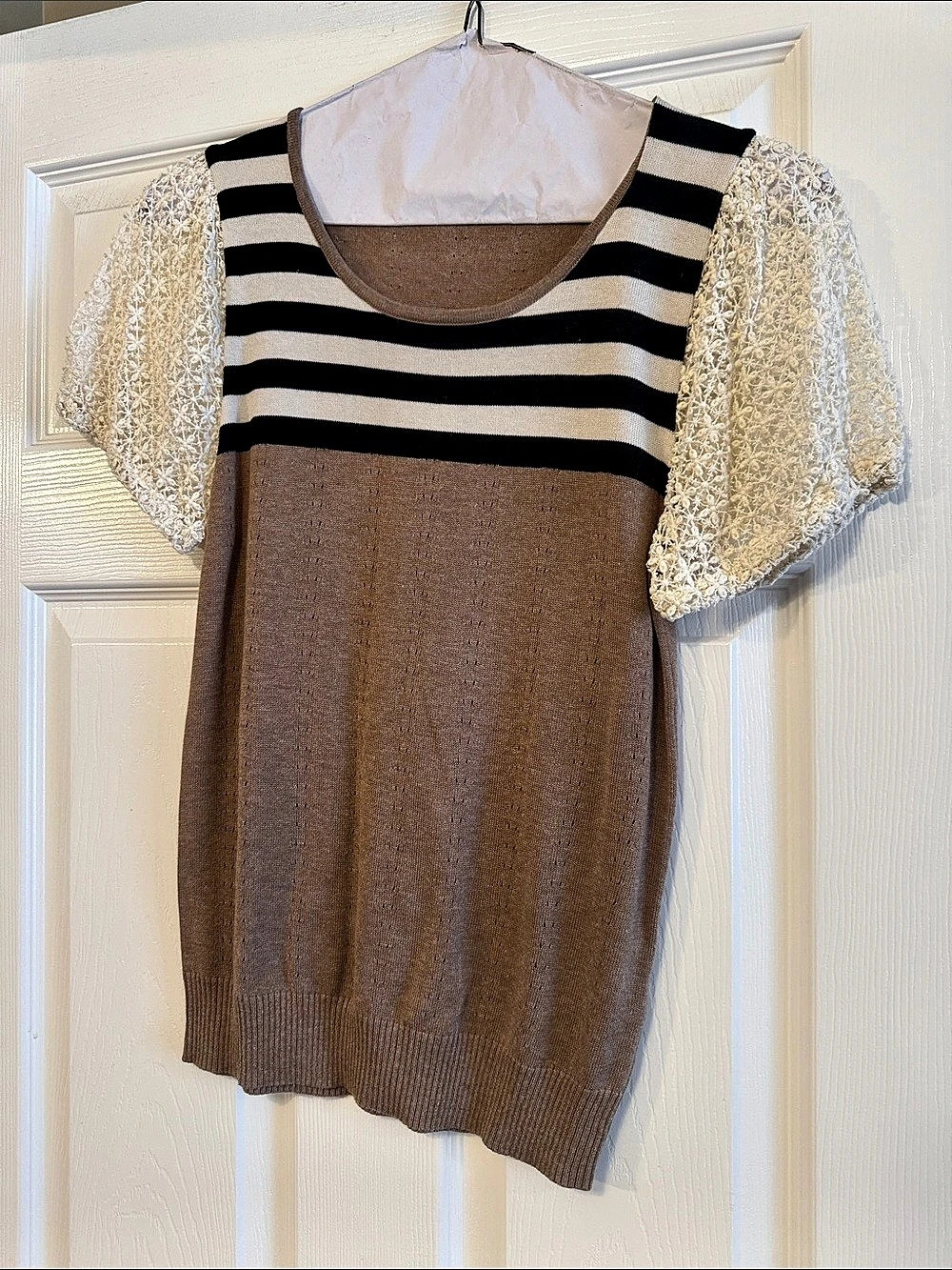 Corey Lynn Calter Striped Short Sleeve Top in Brown & White Size Small